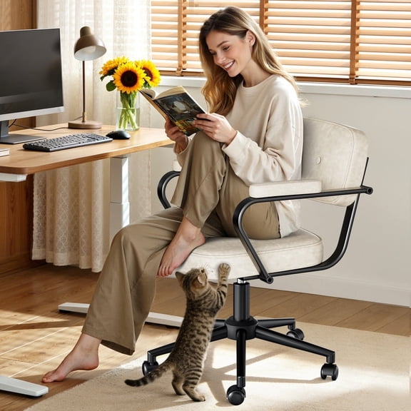 ALLGOD Home Office Chair with PU Leather, Adjustable Height Rocking Office Chair, Desk Chair with 360° Swivel, Computer Chair for Living Room, Bedroom, Student, Adults, Beige