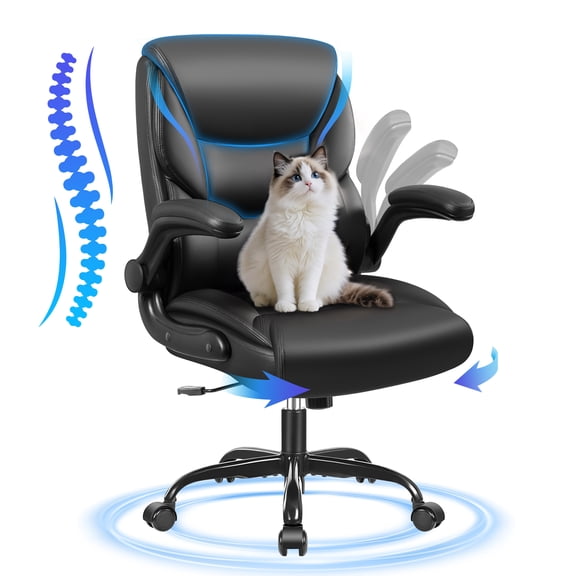 ALLGOD PU Leather Office Chair, Ergonomic Desk Chairs with Padded Flip-up Armrests and Lumbar Support, Rocking Function, 360° Swivel Computer Chair for Home Office, Black