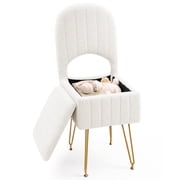 ATHOPE Vanity Chair with Storage and Folding Back, Small Vanity Stool with Anti-Slip Legs, Square Faux Fur Soft Ottoman, Makeup Chair for Bedroom, White, 13.4"W x 15"D x 30"H