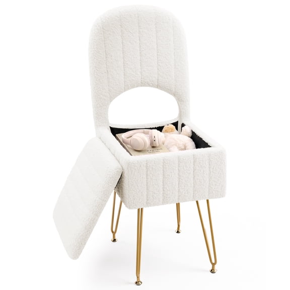 ATHOPE Vanity Chair with Storage and Folding Back, Small Vanity Stool with Anti-Slip Legs, Square Faux Fur Soft Ottoman, Makeup Chair for Bedroom, White, 16.1"W x 20.3"D x 34"H