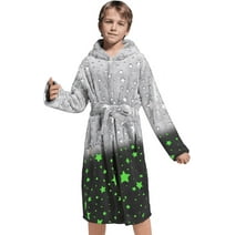 ALLINCOZY Boys Girls Robe Kids Flannel Hooded Bathrobe Luminous Sleepwear Pajamas Soft Plush Robes for Girls 3-12 Years,Glow in The Dark ,Grey
