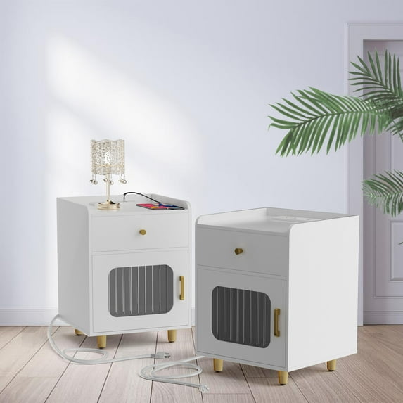 ALLINCOZY Nightstands Set of 2,23 Inch End Tables with Charging Station, Side Tables with Drawers,Bedside Tables with USB Port and Outlet,Night Stands for Bedroom,White