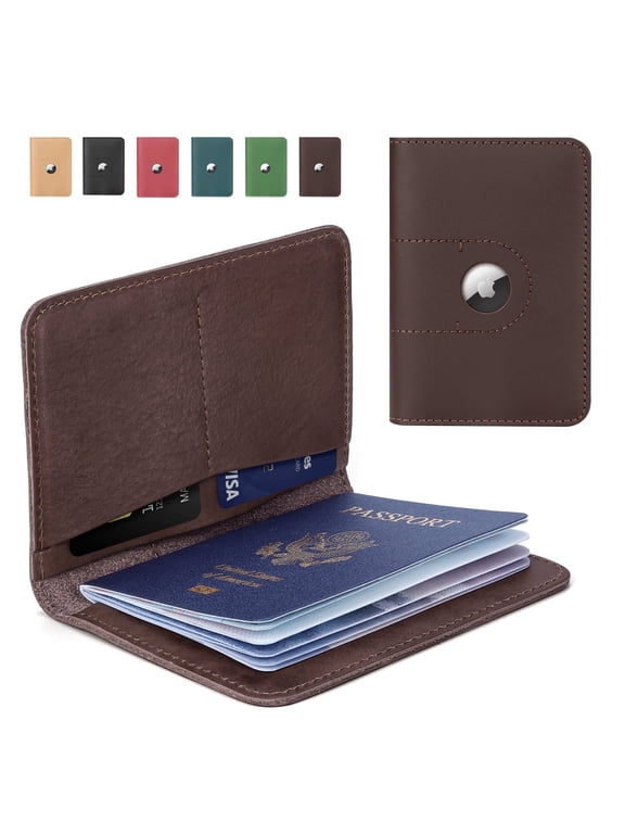Genuine Leather Passport Holder for Women Men, Passport Wallets with Airtag Slot for Travel, Airport Essentials, Passport Cover Case, Brown