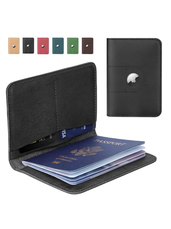 Genuine Leather Passport Holder with Airtag Slot, Passport Wallets Passport Cover Case, Airport Essentials, Christmas Birthday Gifts, Black, 1-Piece