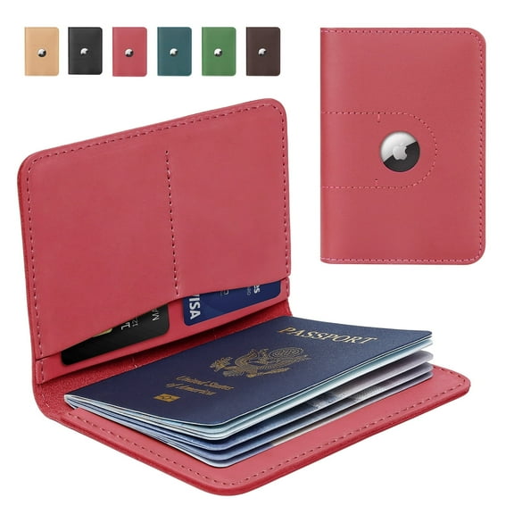 Fairwin Genuine Leather Passport Holder, Travel Wallet with Airtag Slot for Travel, Airport Essentials, Pink, 1-Piece