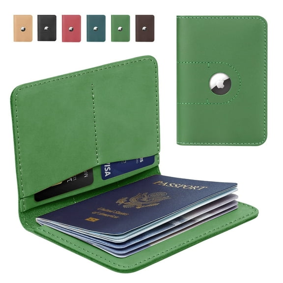 Fairwin Genuine Leather Passport Holder, Travel Wallet with Airtag Slot for Travel, Passport Cover Case, Airport Essentials, Green, 1-Piece