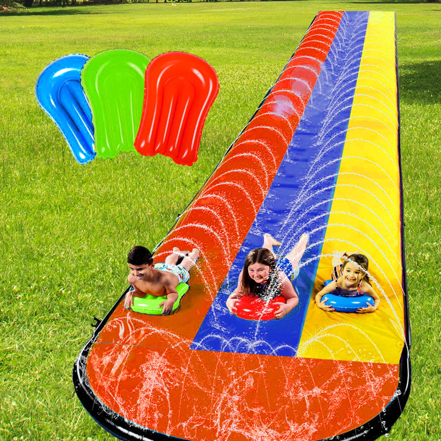 ALLJOY 16*7ft Three Water Slide for Adult Kids, Heavy Duty Lawn Water Slide with Sprinkler and 3 Slip Inflatable Boards for Summer Yard Lawn Outdoor Water Play Activities
