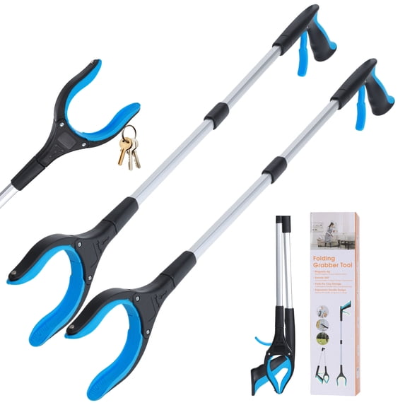 ALLJOY 2 Pack 32" Grabber Tool, Handheld Trash Claw Pick-up Stick Grabber, Short Heavy-Duty Aluminum Grabber, Suitable for Seniors, with 360-Degree Rotation, Anti-Slip and Magnetic Design, Blue