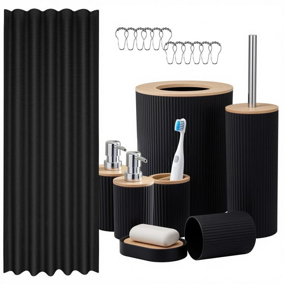 ALLJOY Bathroom Accessories, 20Pcs Bathroom Accessories Set Complete with Shower Curtain,Black Bathroom Decor Sets