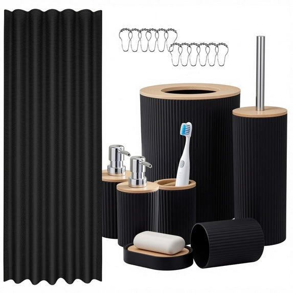 ALLJOY Bathroom Accessories, 20Pcs Bathroom Accessories Set Complete with Shower Curtain,Black Bathroom Decor Sets