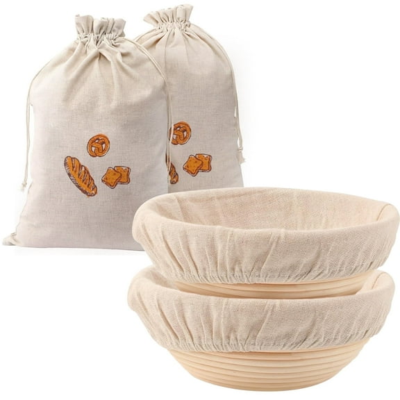 ALLJOY 2pcs Banneton Bread Proofing Basket with 2 Bread Bag，9 Inch Set of 2 Round Sourdough Bread Proofing Baskets Baking Supplies，Sourdough Starter Kit