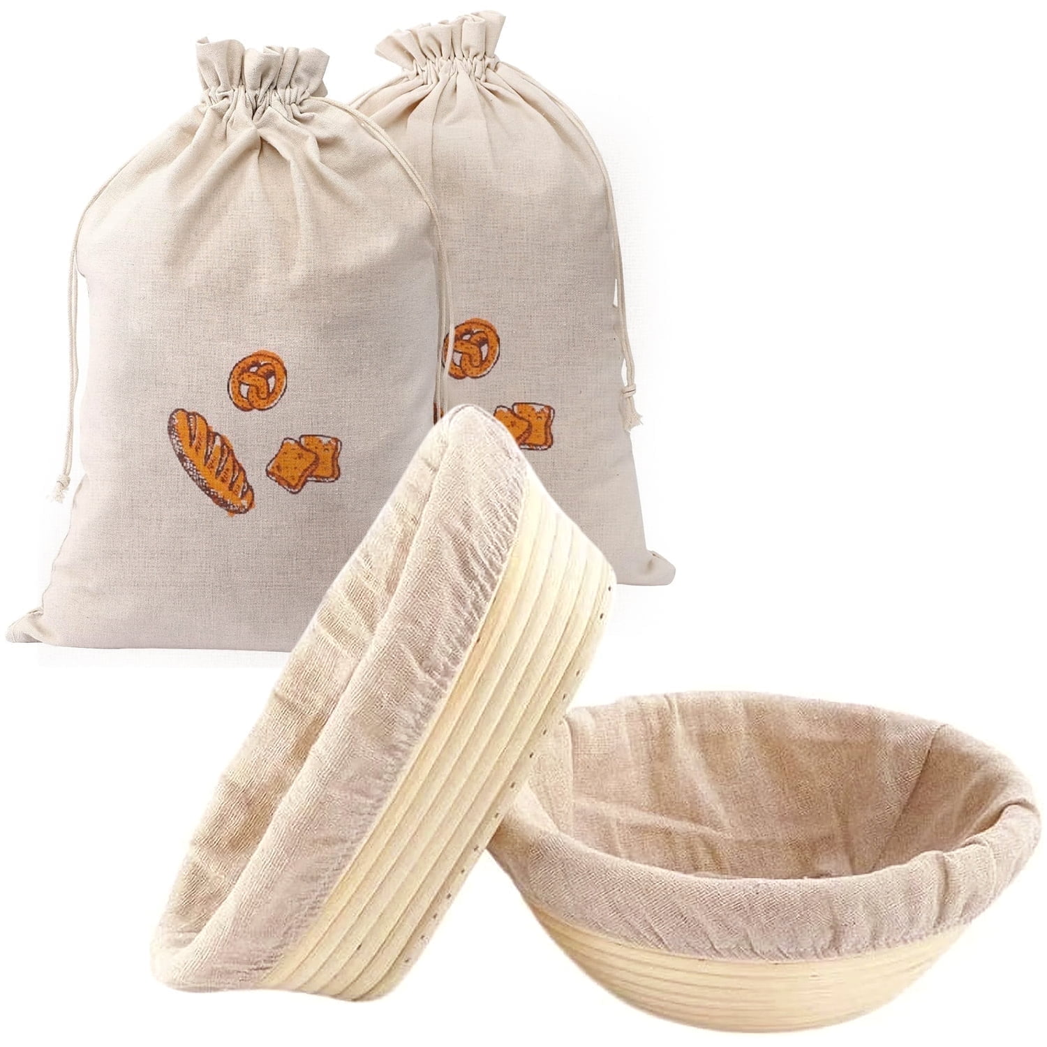 ALLJOY 2pcs Banneton Bread Proofing Basket with 2 Bread Bag，9 Inch Round & 10 Oval Cane Sourdough Bread Proofing Baskets Baking Supplies，Sourdough Starter Kit