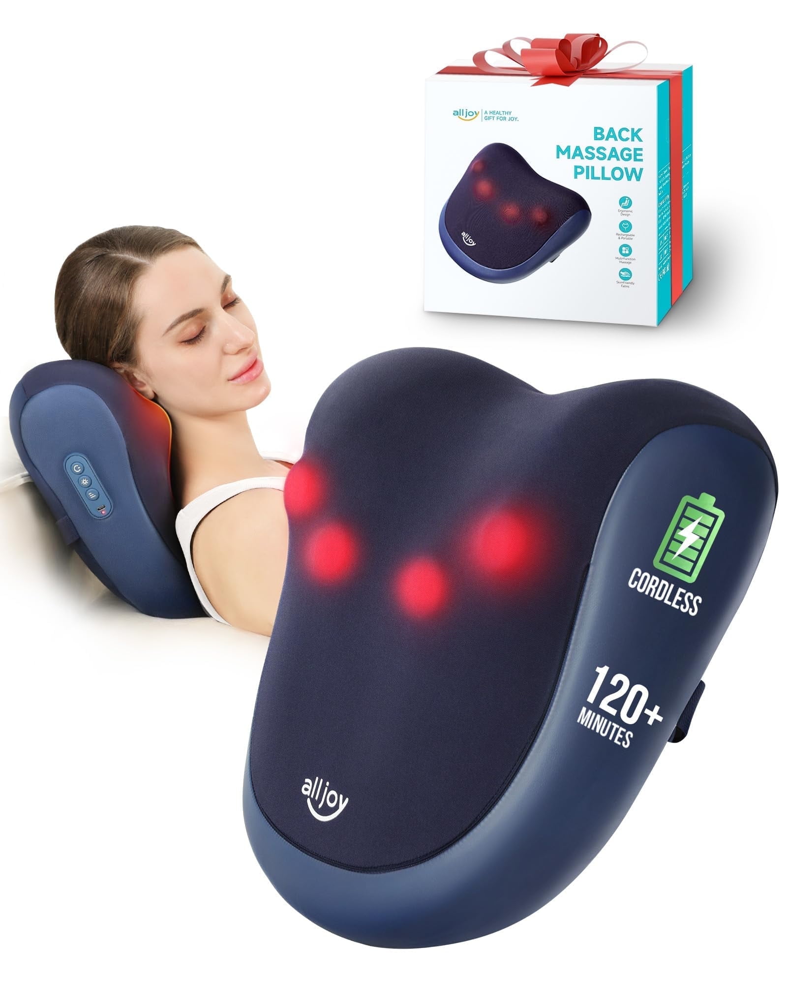 ALLJOY Cordless Back Massager with Heat, Shiatsu Neck and Back Massager for Deep Tissue, 3D Kneading Massage Pillow for Neck, Back, and Shoulders, Gifts for Men Women