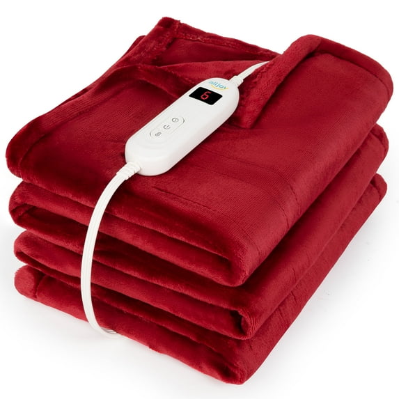 ALLJOY Heated Blanket Electric Throw, 50"X60" Winter Warm Heating Blanket, 100% Double-Sided Flannel Machine Washable, 10 Heat Levels, Red