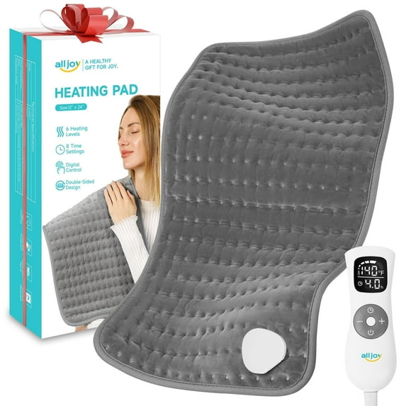 ALLJOY Electric Large Heating Pad for Neck, Back, and Shoulders with 6 Heat Levels & 8 Timers, Auto Shut Off - 24" x 12" - Gray