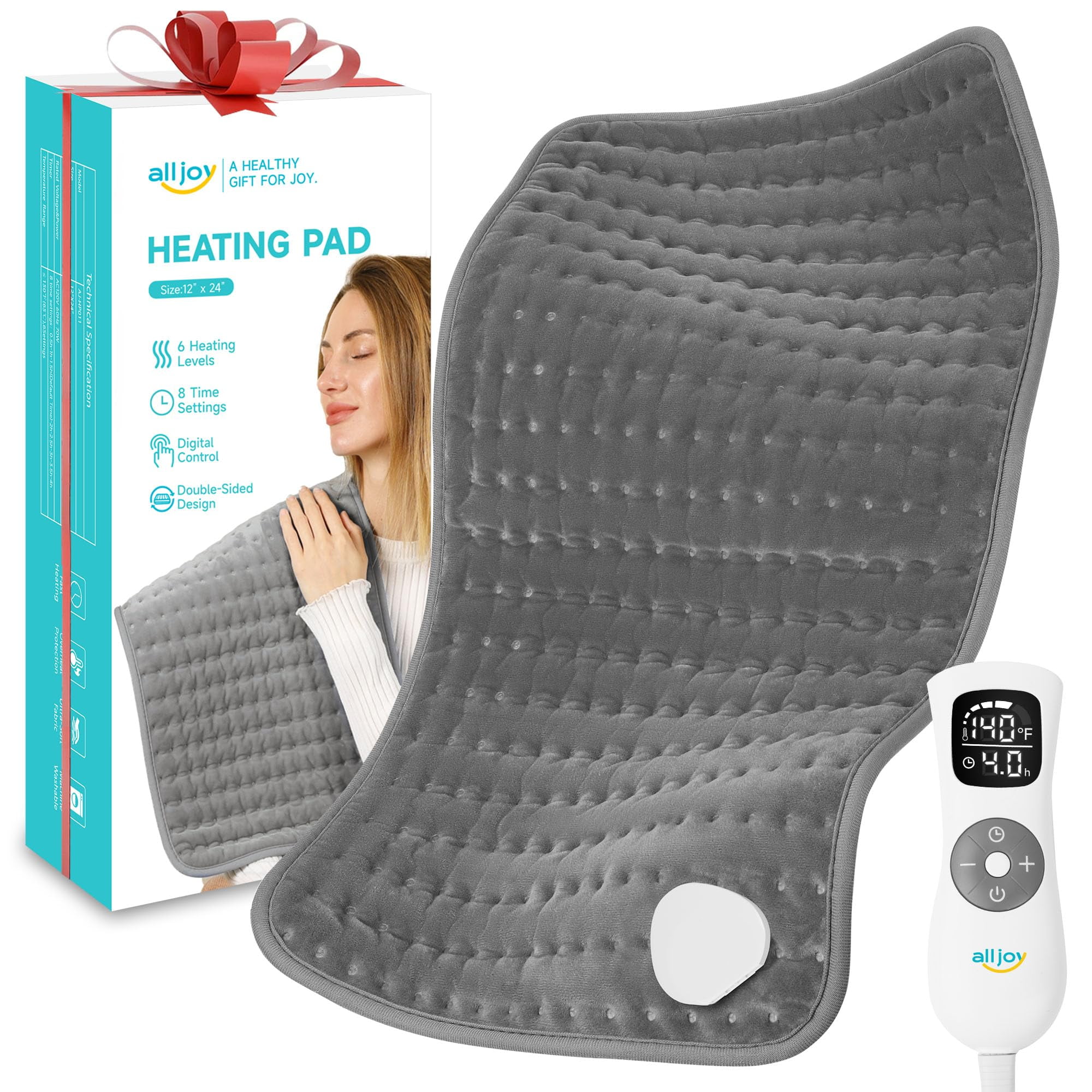 ALLJOY Heating Pad, Electric Heating Pad for Back, 6 Heat Settings 8 Timers Auto Shut off, Neck