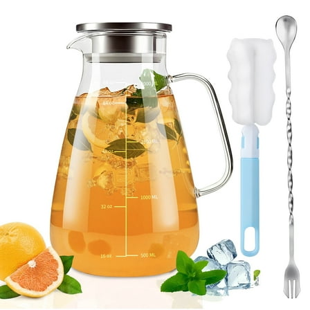 ALLJOY Glass Pitcher,68oz Glass Water Pitcher with Lid Handle Spout,2L Glass Jug Carafe Infuser Iced Tea Beverage Pitcher for Fridge,CLear