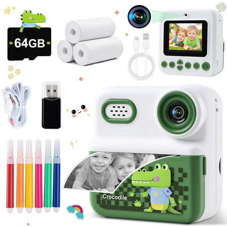 ALLJOY Instant Print Kids Camera with 64GB SD Card 1080P HD Digital Video Camera Toy for Toddler Kids, Christmas Birthday Gift for Girls Ages 3-12,  Green