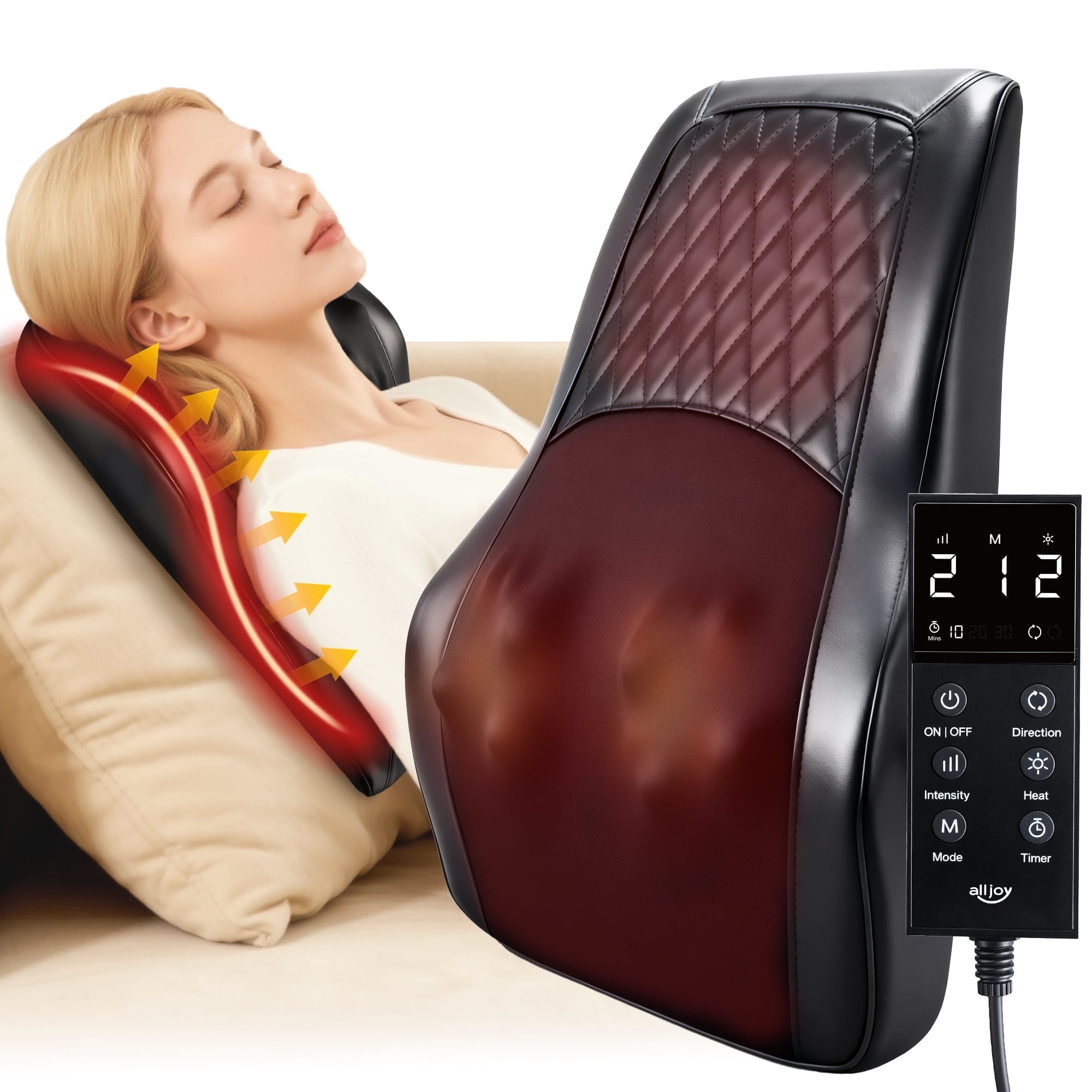 ALLJOY Lumbar Support Massager Pillow with Heat, Back Massager for Pain Relief, Neck Massger, 3 Heating Levels & 4 Mode & 3 Intensities, Christmas&Birthday Gifts for Women Men