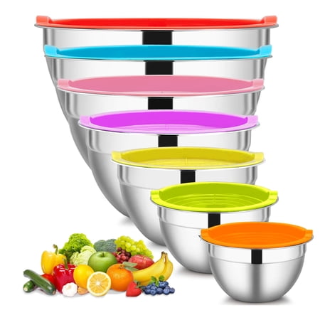 ALLJOY Mixing Bowls with Lid Set, 7PCS Stainless Steel Metal Nesting Bowls for Kitchen
