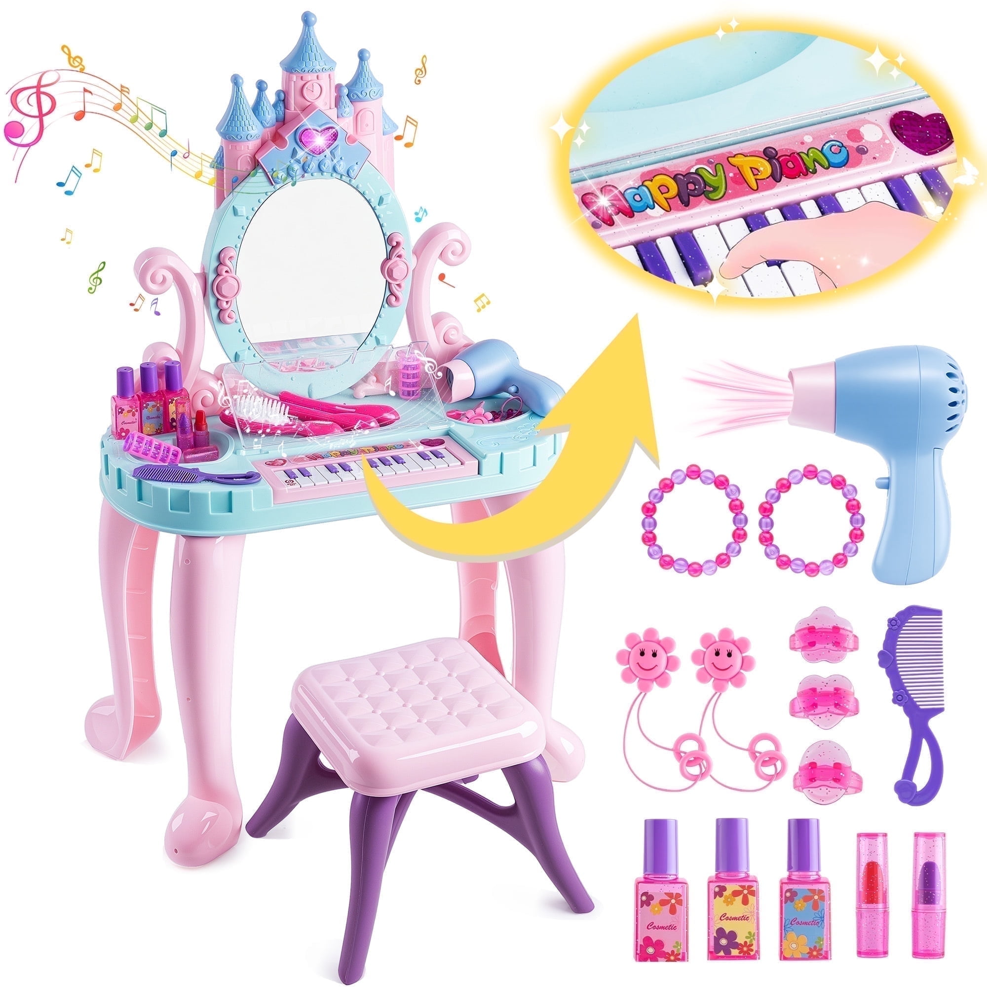 ALLJOY Toddler Vanity Makeup Table with Mirror&Chair and Accessories,Princess Kids Vanity Pretend Toys for 3 4 5 Year Old Girls Christmas Birthday Gift