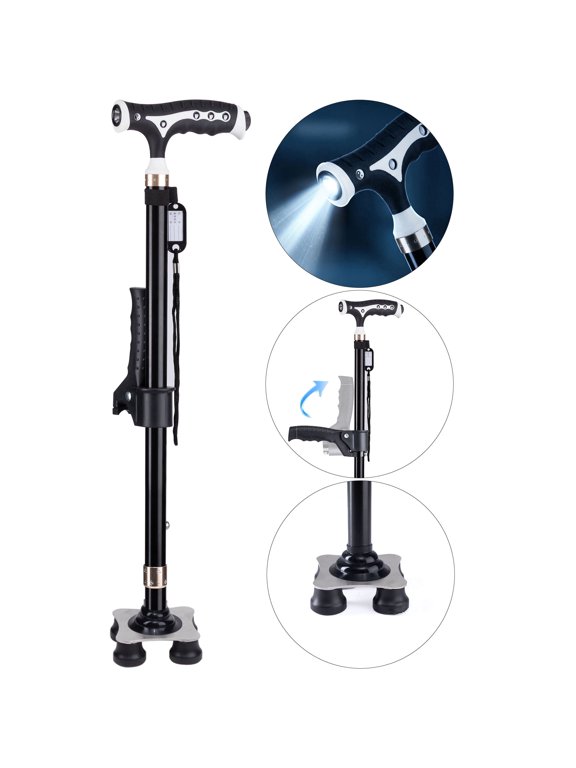 Walking Cane, Canes for Men Women with Led Light, Adjustable Cane for Seniors Stability, Upright Quad Base with 2nd Handle and Carrying Bag