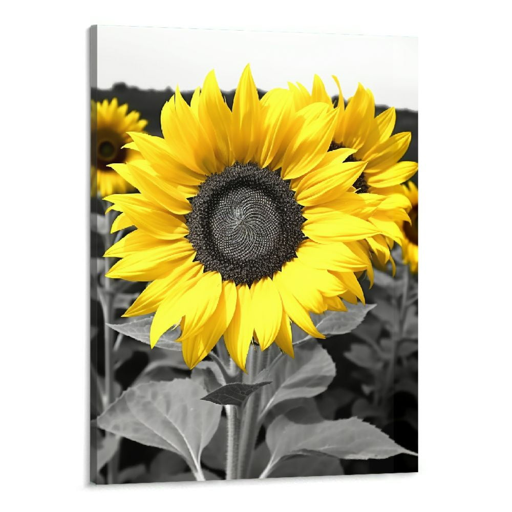 ALLJOYDG Black and White Sunflower Picture Yellow Floral Wall Art Bee