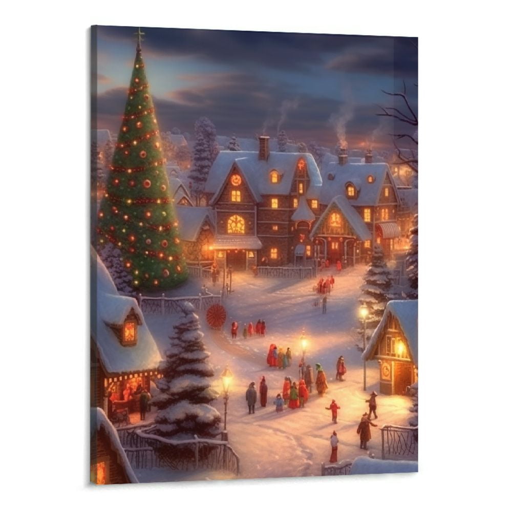 ALLJOYDZ Merry Christmas Canvas Wall Art Christmas Village Christmas