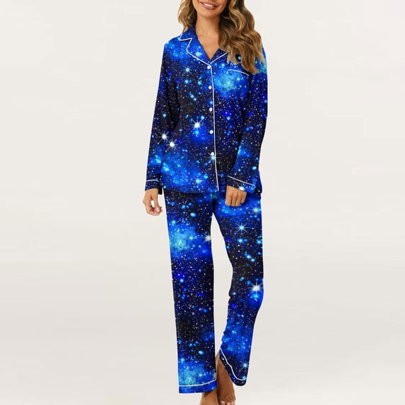 ALLLIST 2 Pack Womens Pajamas Plus Size Long Sleeve Button Down Stars Above Pajamas Breathable Blue Pajamas Ladies