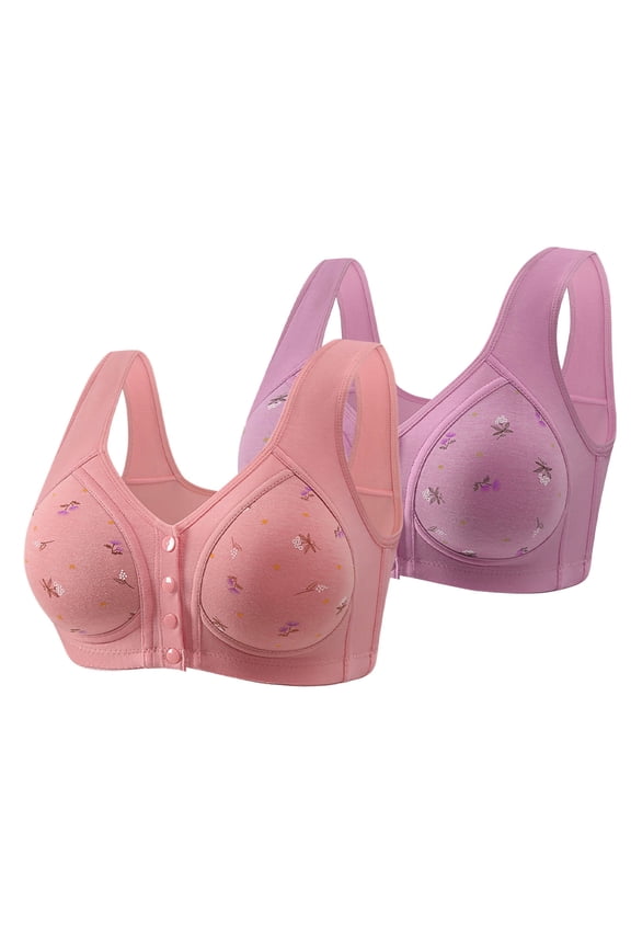 2 Pack Womens Underwear Full Coverage Plus Size Bras Front Closure Pink Floral Full-Figure Women Lingerie Size 46