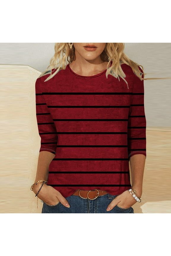 3/4 Sleeve Spring Tops Red Crew Neck Striped T-Shirts Casual Spring Blouse
