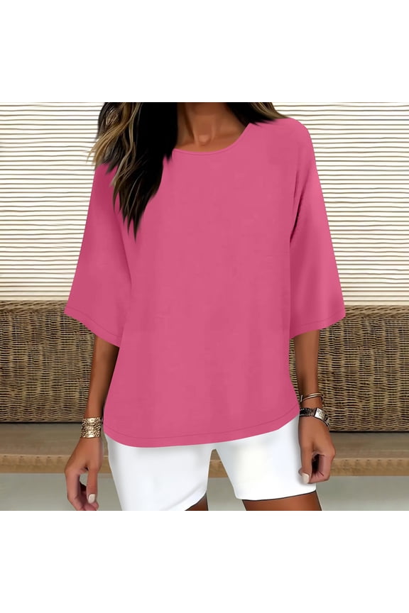 3/4 Sleeve Tops for Women Cotton Linen Plus Size Tee Shirts Plain Pink Loose Blouse Women's Clothing