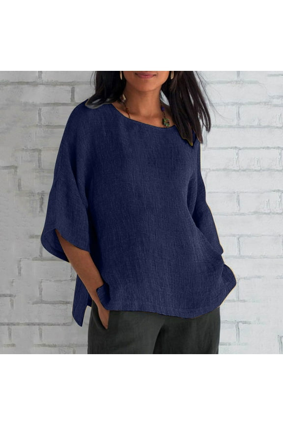 3/4 Sleeve Tops for Women Crew Neck Cotton Linen Tee Shirts Casual Plain Blue Pullover Ladies Clothing