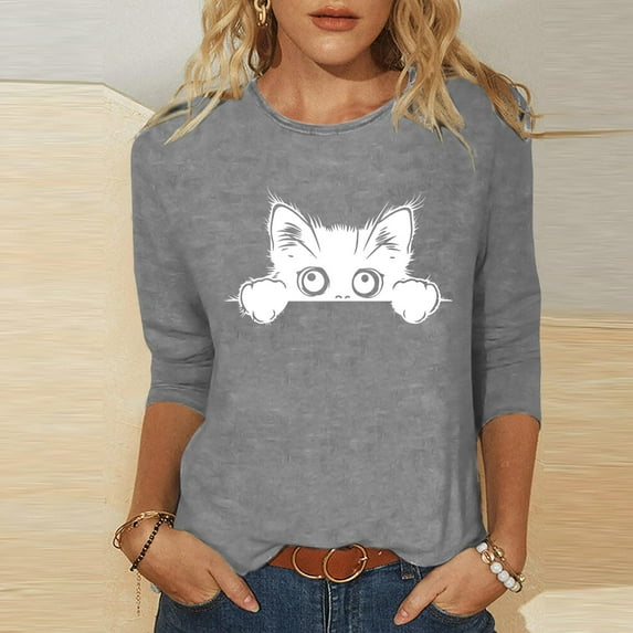ALLLIST 3/4 Sleeve Tops for Women Holiday Crew Neck T-Shirts Gray Casual Cat Graphic Shirts for Women