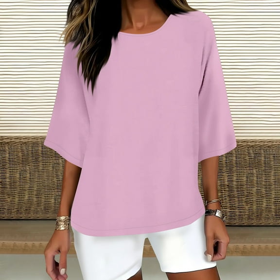 ALLLIST 3/4 Sleeve Women's Tops Crew Neck Cotton Linen T-Shirts Loose Pink Solid Pullover Ladies Clothing