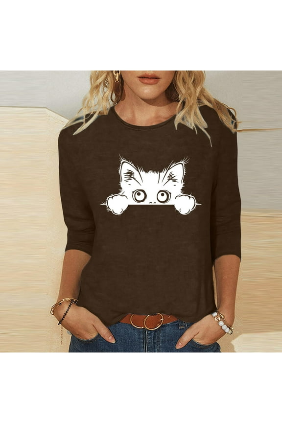 3/4 Sleeve Women's Tops Holiday Crew Neck T-Shirts Cat Graphic Casual Brown Shirts for Women