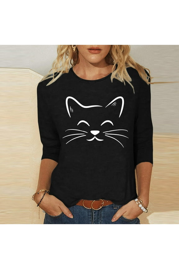 3/4 Sleeve Womens Tops Summer Crew Neck T-Shirts Black Casual Cat Graphic Shirts Ladies Tops