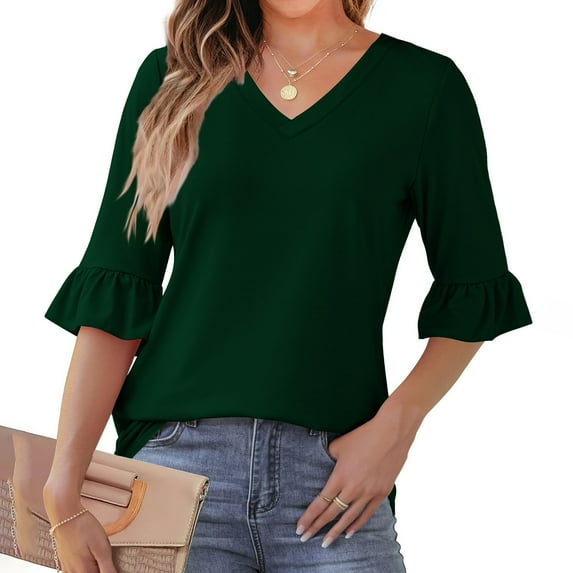 ALLLIST 3/4 Sleeve Womens Tops Summer V-Neck Blouse Fashion Solid Ruffle Green Pullover Clothing for Women