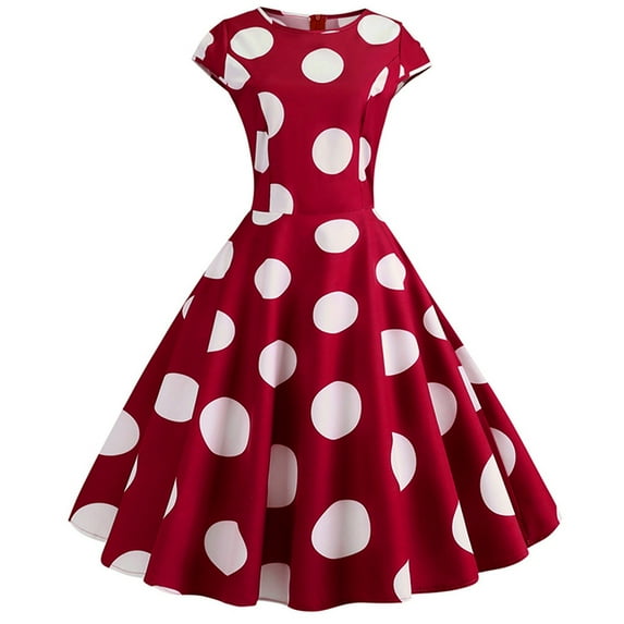 ALLLIST A Line Women's Dress Crew Neck Vintage Skater Dress Polka Dot Red Short Sleeve Party Teen Dress