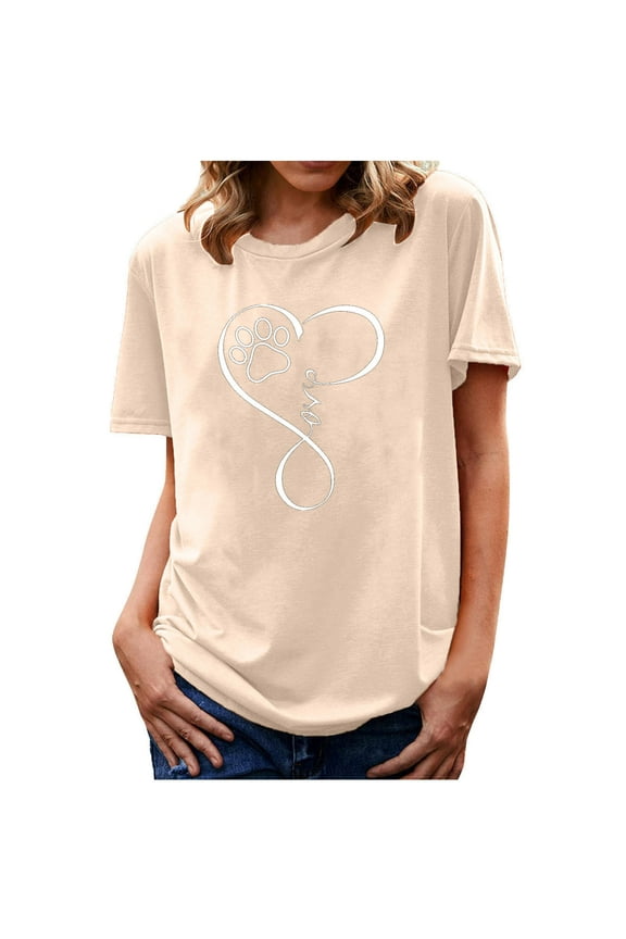 Beige Spring Tops Love Short Sleeve Printed Crew Neck T-Shirts Tshirt Dress Women M