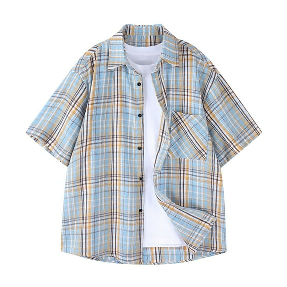 ALLLIST Beige Trendy Tops for Men 2024 Short Sleeve Collared Plaid T-Shirts Button Casual with Pocket Men's Polo Shirts
