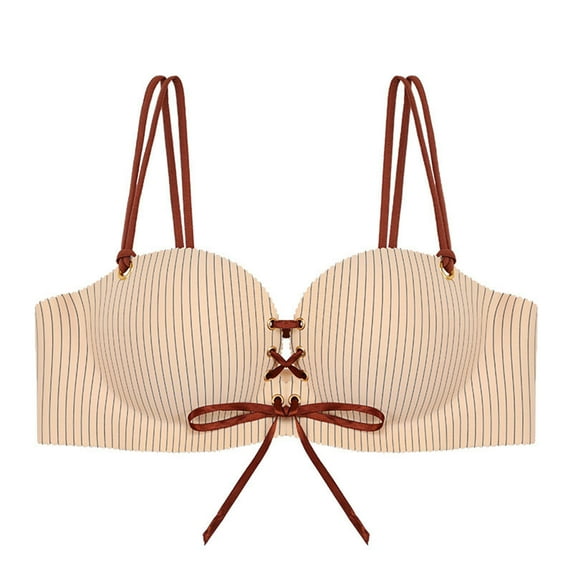 ALLLIST Beige Womens Bras No Wire Padded Bralette Striped Cozy Tie-Front for Women Size S-XL