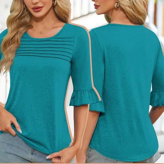 ALLLIST Bell Sleeve Women's Tops Crew Neck Summer Blouse Blue Fashion Ruffle Solid Pullover Ladies Clothing