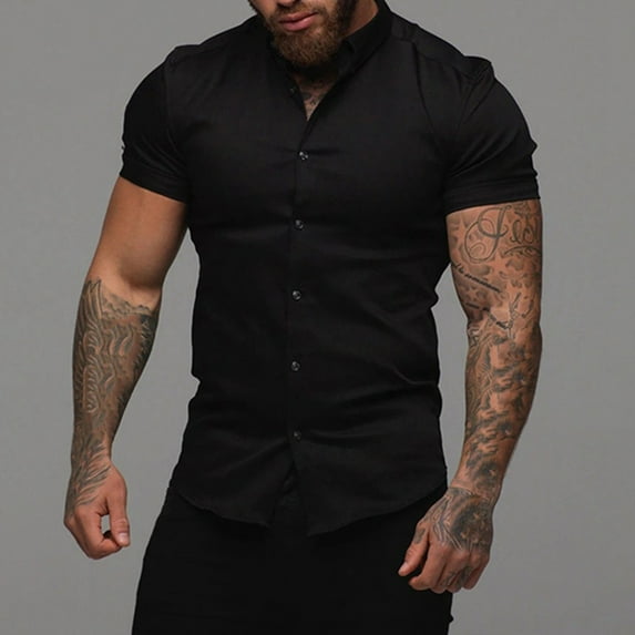 ALLLIST Big And Tall Men's Shirts Hawaiian Short Sleeve Collared Button Down Shirts Casual Black Men's Clothes