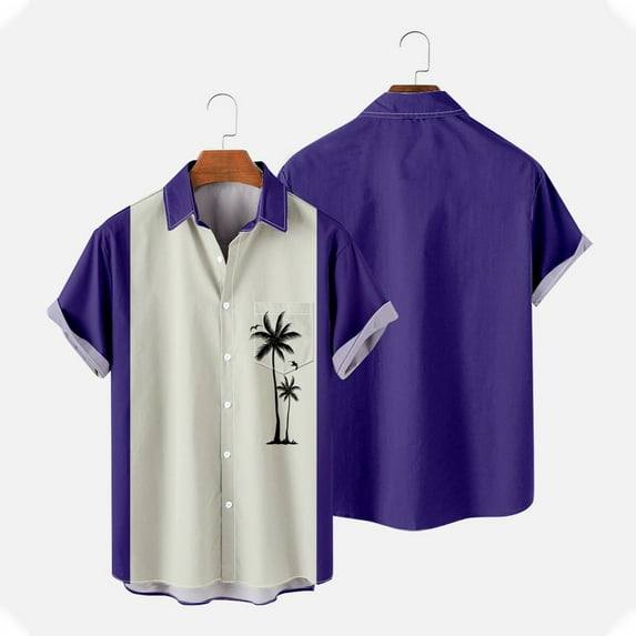 ALLLIST Big And Tall Men's Shirts Hawaiian Short Sleeve with Pockets Button Down Shirts Collared Casual Purple Clothes for Men