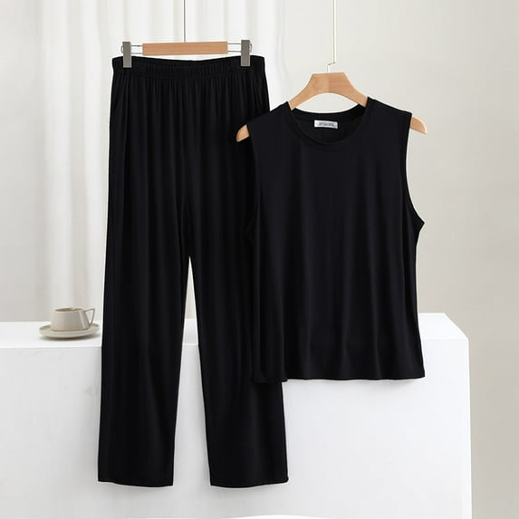 ALLLIST Big And Tall Pajamas Men Set Crew Neck Sleepwear Black Sleeveless Tops & Bottom Plain Pjs Sets Pajamas for Teens 3XL-6XL