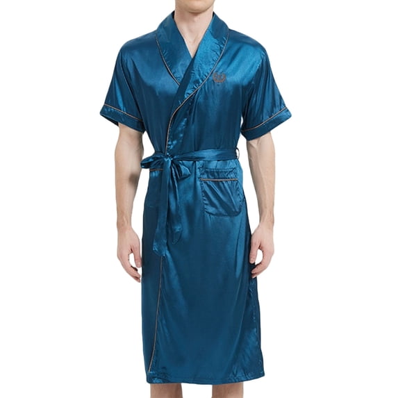 ALLLIST Big And Tall Pajamas for Men Silk Short Sleeve with Pockets Blue Robe Solid Soft Bathrobes Men's Pajamas L-4XL