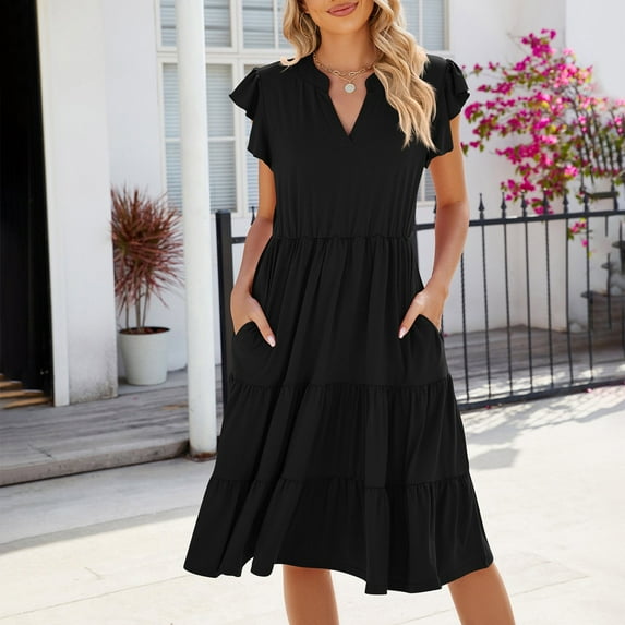 ALLLIST Black Dresses for Ladies Midi Summer A Line Fashion Solid Peplum Womens Clothing Size S-2XL