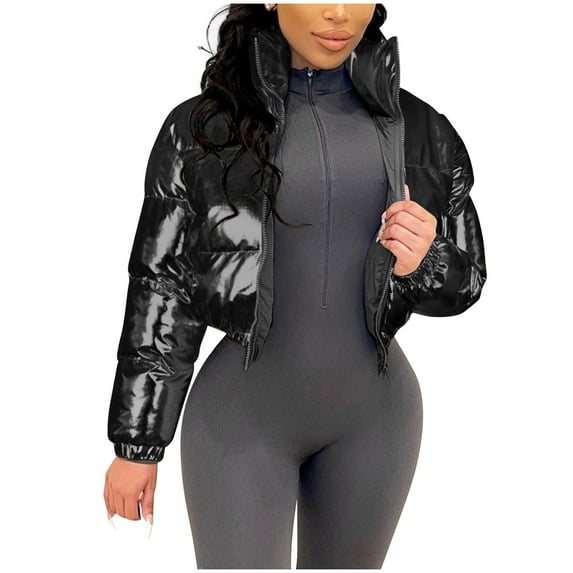 ALLLIST Black Jackets for Women Long Sleeve Winter Puffer Jackets Solid Metallic Bomber Jackets Women