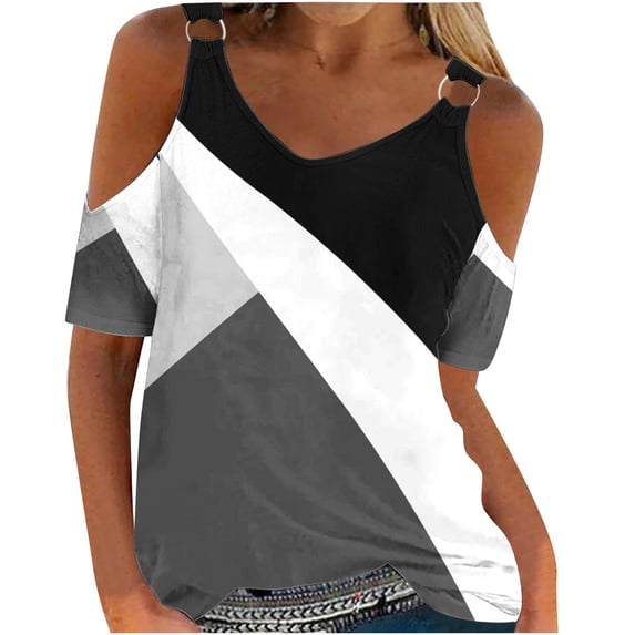 ALLLIST Black Summer Tops for Women Short Sleeve Geometric V-Neck Hollow T-Shirts Womens Shirts M